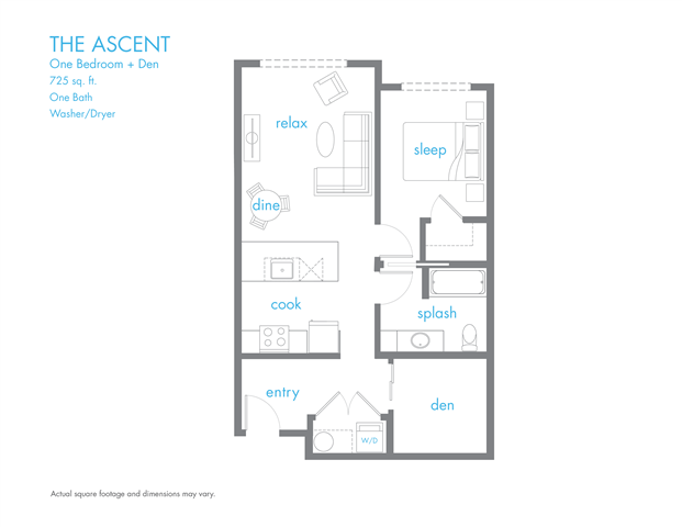 Floor plan for 1 bed, 1 bath, 725 sqft